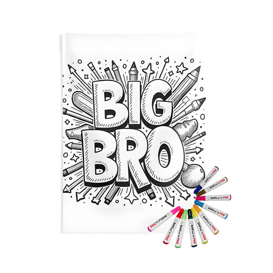 Indoor wall tapestries coloring kit for adults and kids featuring a brotherly love design with big bro phrase and fun doodles