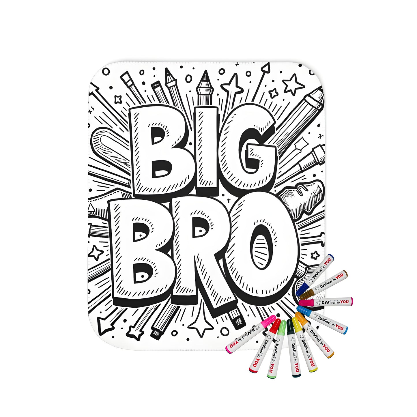 Cozy blanket with brother-themed coloring page design, featuring 'Big Bro' phrase and doodles