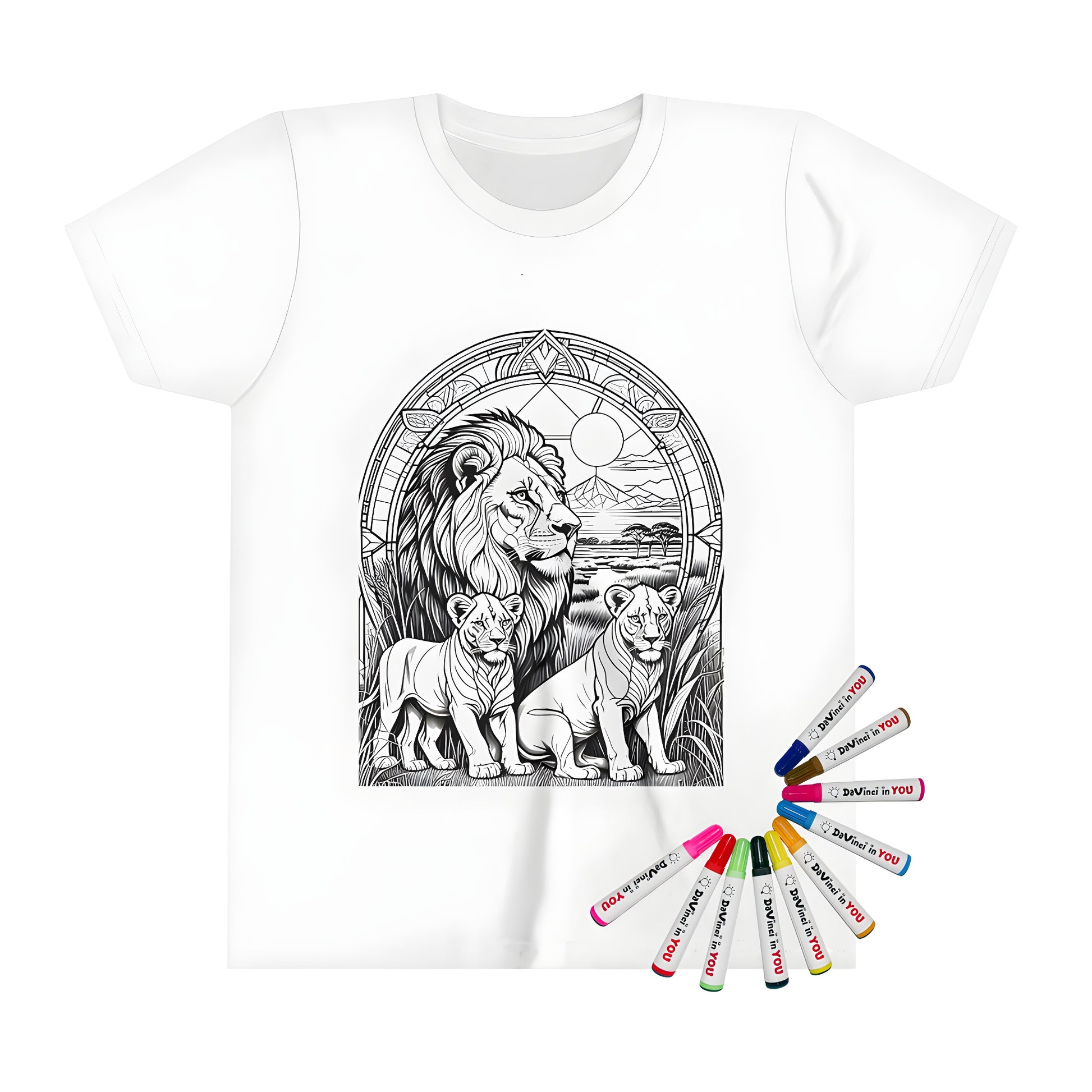 A kid's t-shirt featuring a vibrant coloring page design of a lion family amidst a serene natural landscape