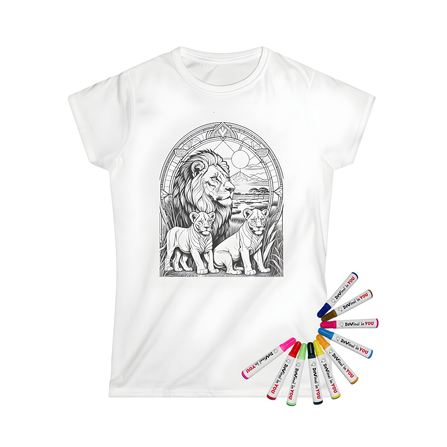 A women's t-shirt featuring an illustration of a lion family in a natural setting