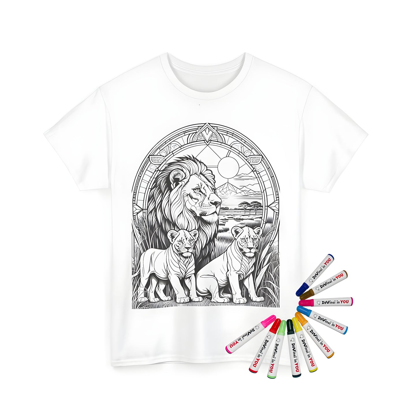 A detailed illustration of a lion family on a unisex t-shirt, featuring intricate patterns and a serene landscape, designed for coloring with fabric markers