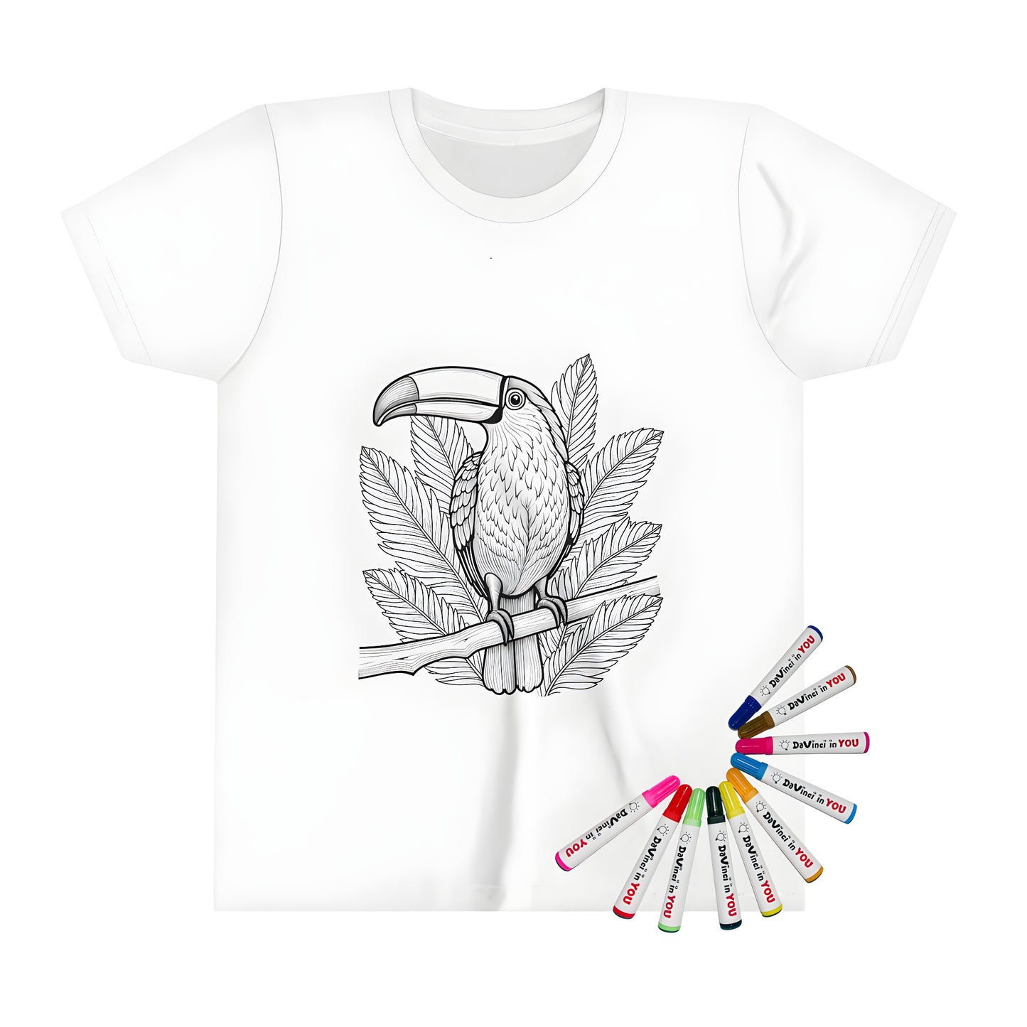 Colorful kid's t-shirt featuring a vibrant toucan design with bright colors and detailed illustrations of large leaves