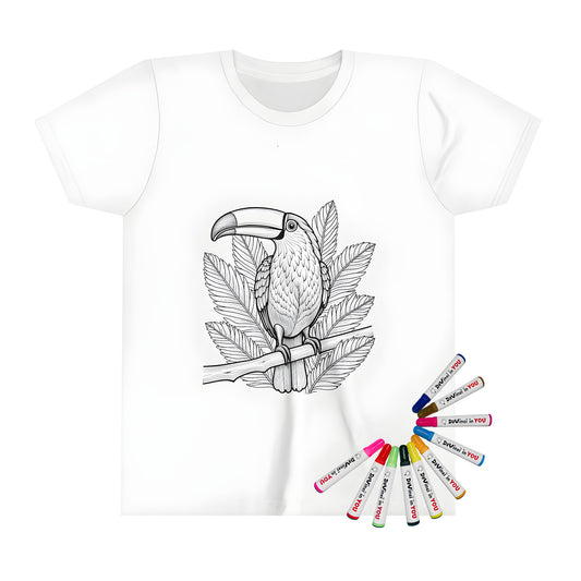 Colorful kid's t-shirt featuring a vibrant toucan design with bright colors and detailed illustrations of large leaves