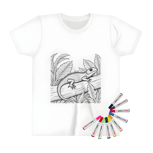 Coloring kit for kid's t-shirt featuring an illustration of a lizard or iguana, chameleon, gecko, or monitor lizard design on a branch with tropical foliage