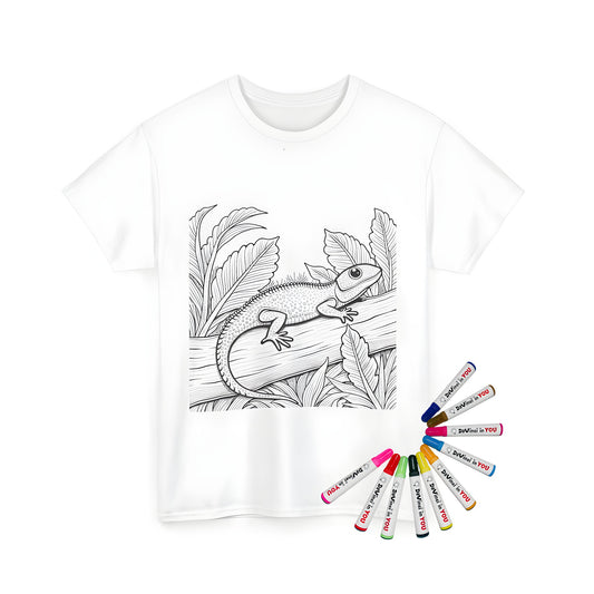 Unisex t-shirt featuring a colorful lizard illustration design on a branch surrounded by tropical foliage