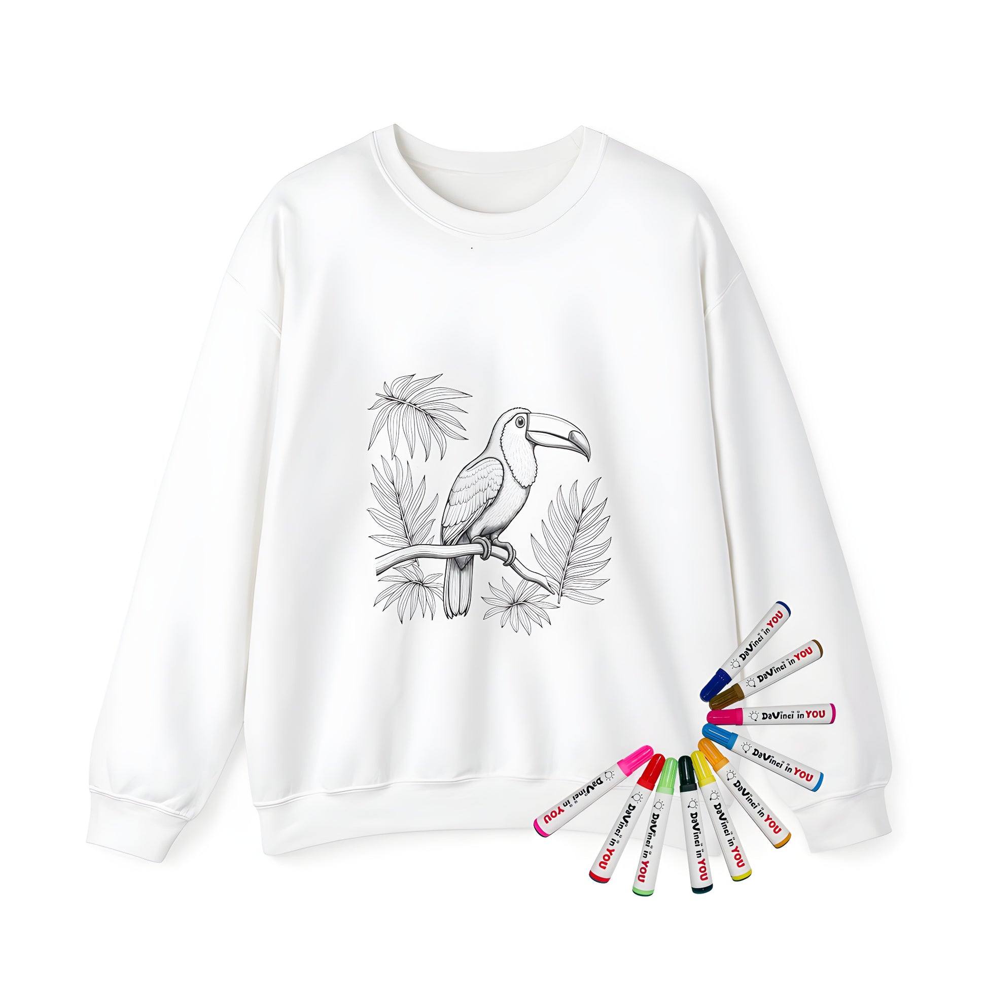 Coloring kit adult sweatshirt with vibrant toucan design, tropical foliage and fun fabric markers for a unique artistic wear