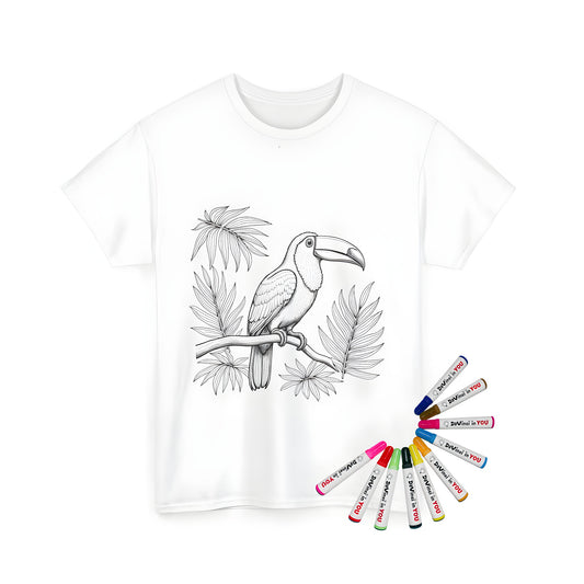 Coloring kit for adults and kids featuring a colorful toucan perched on a branch, set against a plain background, printed on a high-quality unisex t-shirt