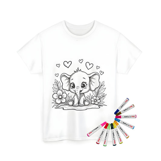 Unisex t-shirt featuring adorable cartoon elephant design with colorful flowers and hearts