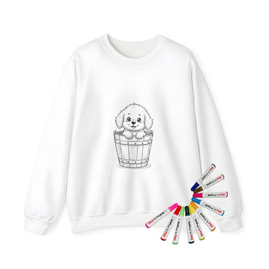 Adult coloring kit sweatshirt with cute puppy in bucket design