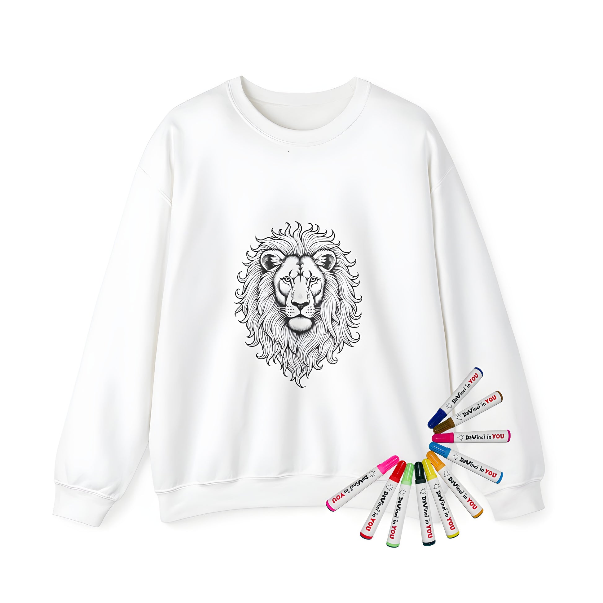 Adult sweatshirt featuring an exclusive coloring page design of a majestic lion's face, highlighting its distinctive mane and regal expression.
