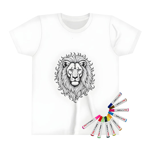 Coloring page illustration of a lion's face on a kid's t-shirt with manes, whiskers and mane design