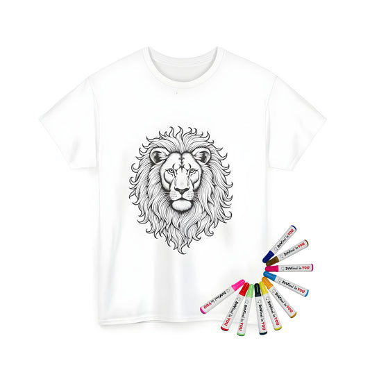 Unisex t-shirt featuring a detailed black and white illustration of a lion's face with intricate mane design, perfect for coloring