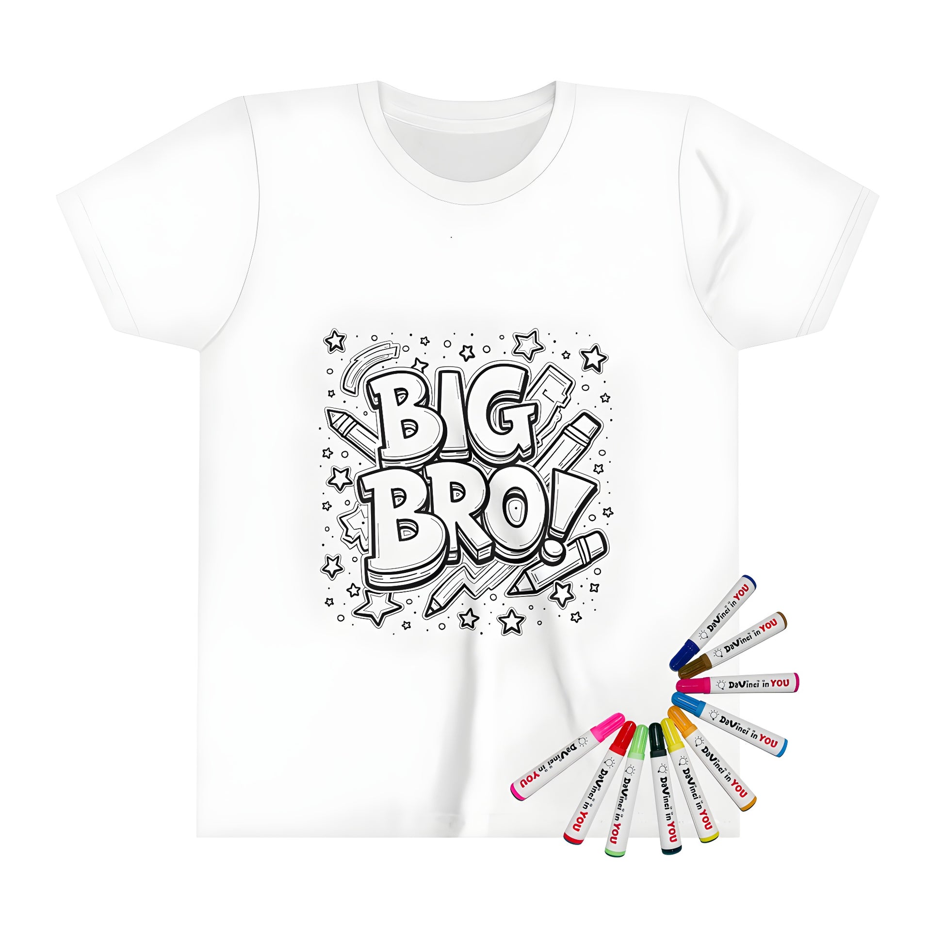 Kid's T-shirt with Brother design featuring 'Big Bro' surrounded by stars and pencils