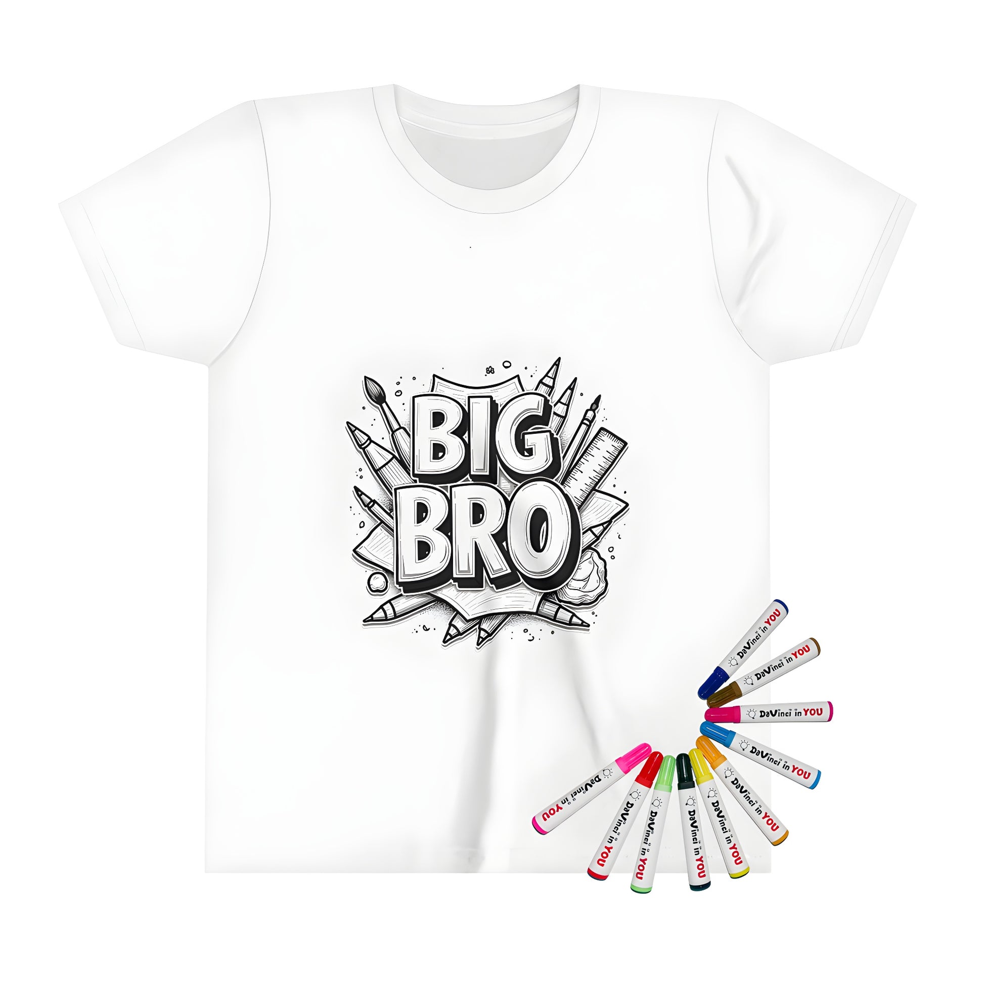 Colorful kid's t-shirt featuring bold 'Big Bro' lettering and art supplies for sibling love, brotherly affection, big brother apparel