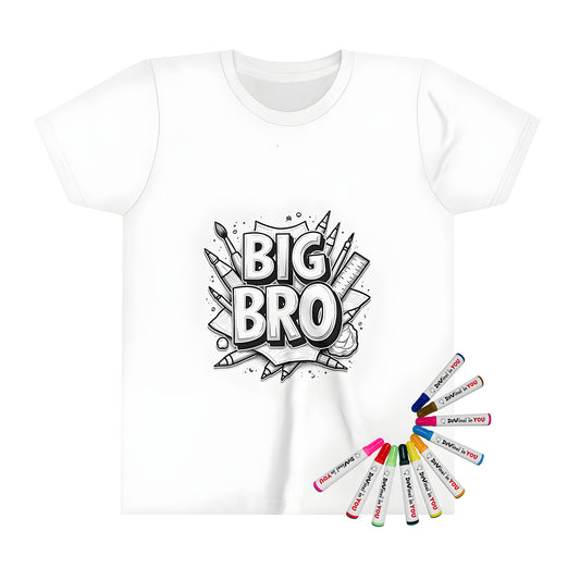 Colorful kid's t-shirt featuring bold 'Big Bro' lettering and art supplies for sibling love, brotherly affection, big brother apparel