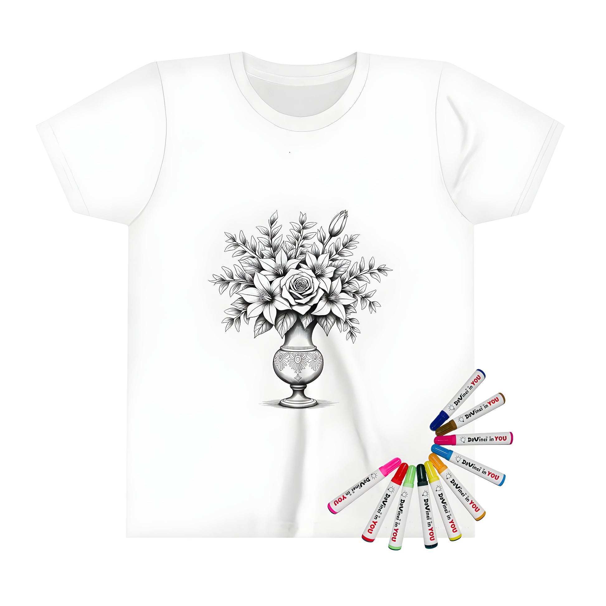 Kid's coloring t-shirt with colorful flowers, vase and leaf illustration on front. Black and white design printed on kid-friendly tee