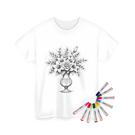 A vibrant floral coloring page on a unisex t-shirt featuring roses and leaves