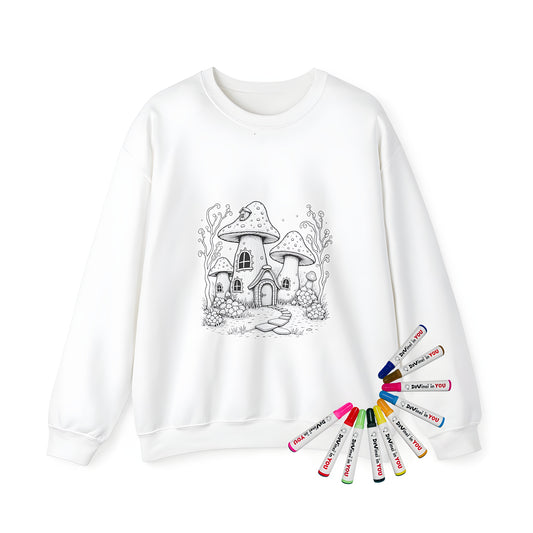 Whimsical mushroom house adult sweatshirt with colorful fabric markers