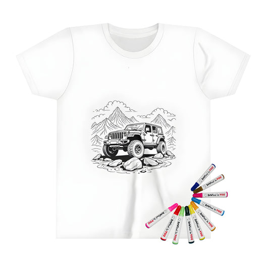 A rugged jeep-style illustration on a kid's t-shirt, set against a backdrop of towering mountains for kids who love coloring and adventure