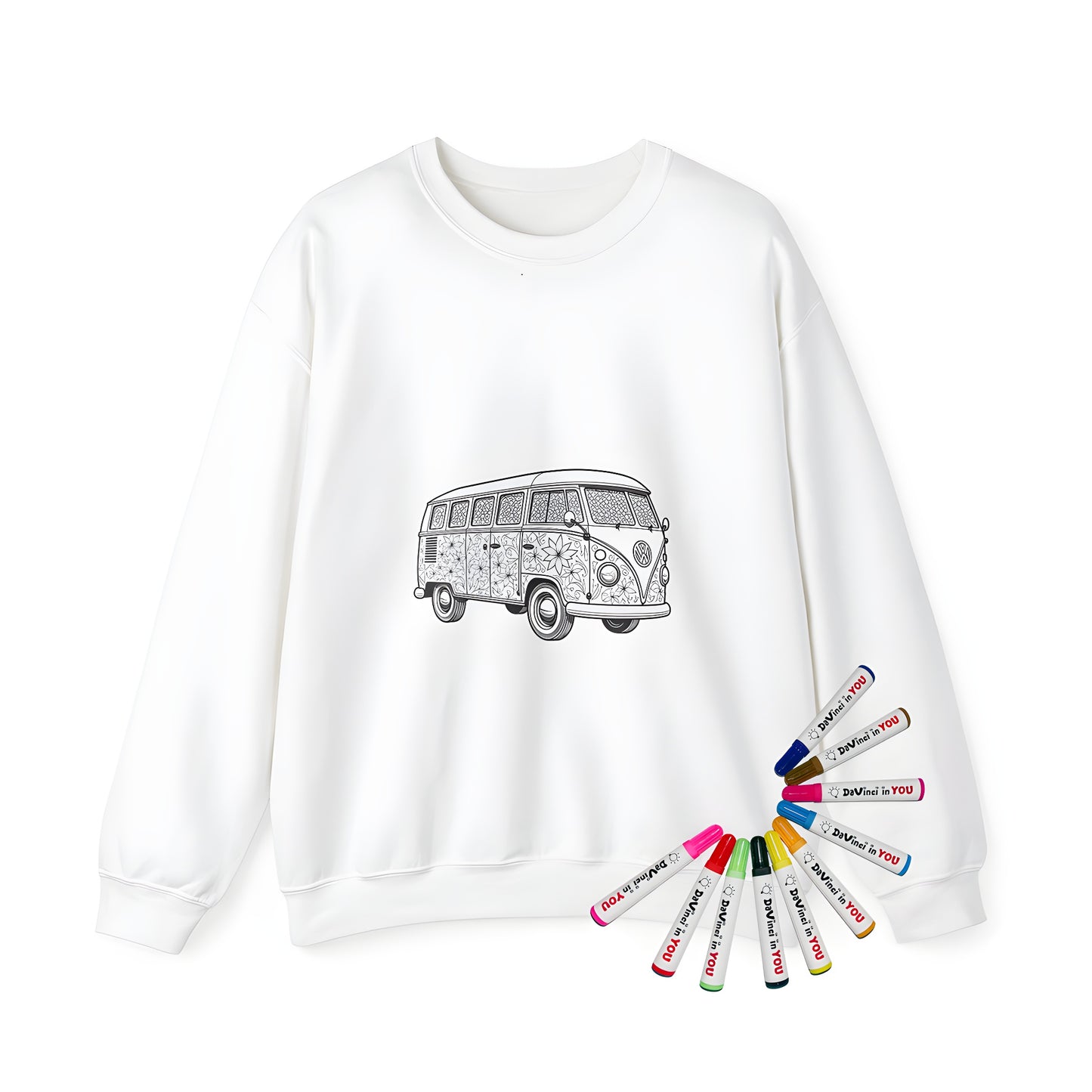 Adult sweatshirt with vintage van design featuring intricate floral patterns for coloring and art