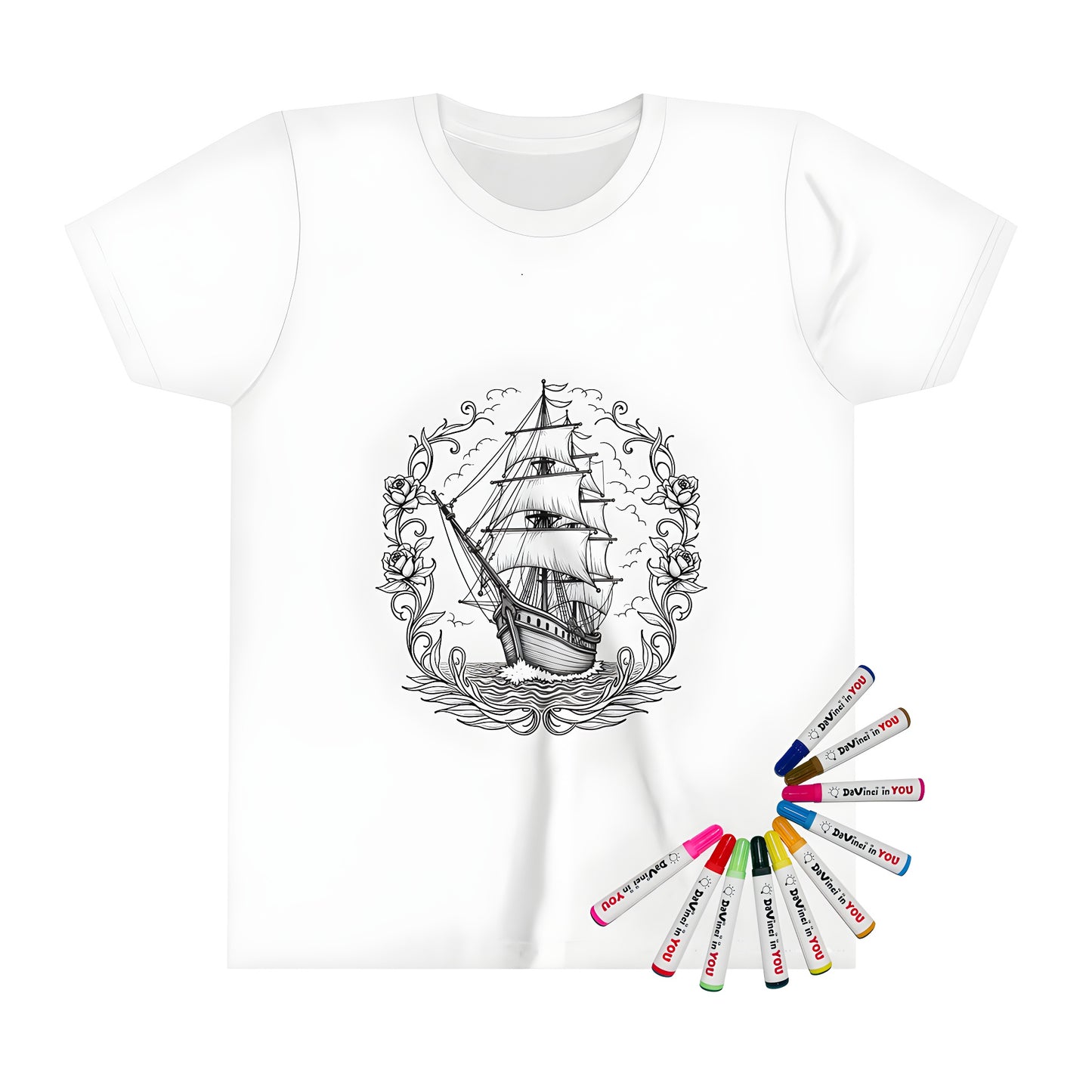 Coloring t-shirt for kids with sailing boat and floral design