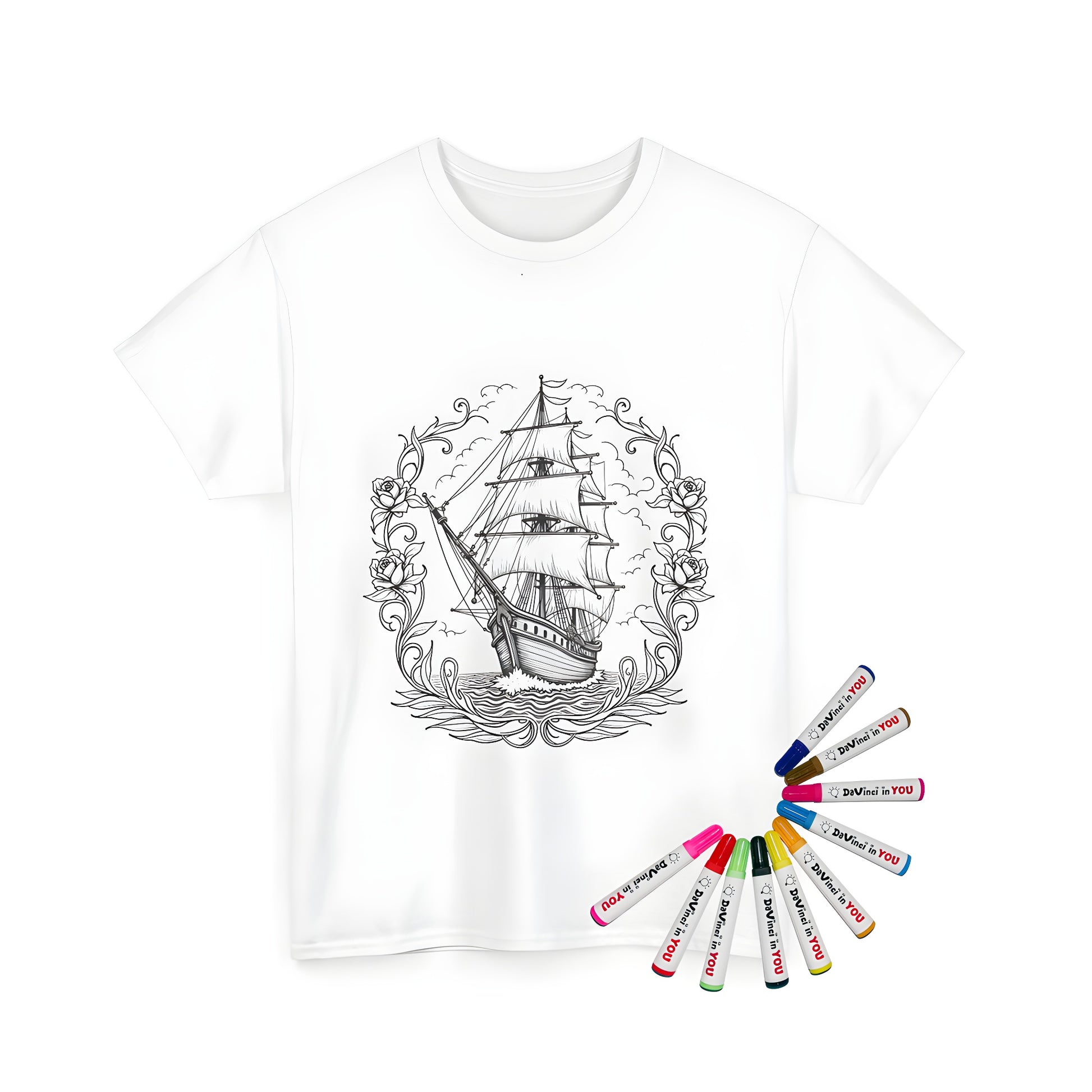 Colorful unisex t-shirt featuring an illustration of a sailing vessel, framed by intricate floral designs on the water, with birds flying above.