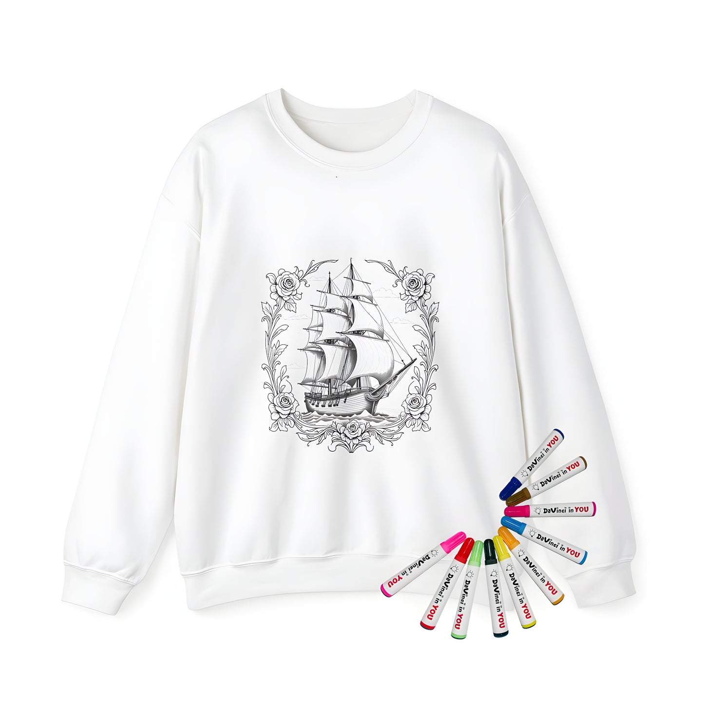 Adult sweatshirt with sailing vessel design, featuring a detailed ship amidst waves, surrounded by roses and foliage