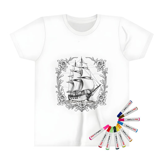 Coloring page sailing boat design printed on kid's t-shirt, vibrant colors, fun for kids