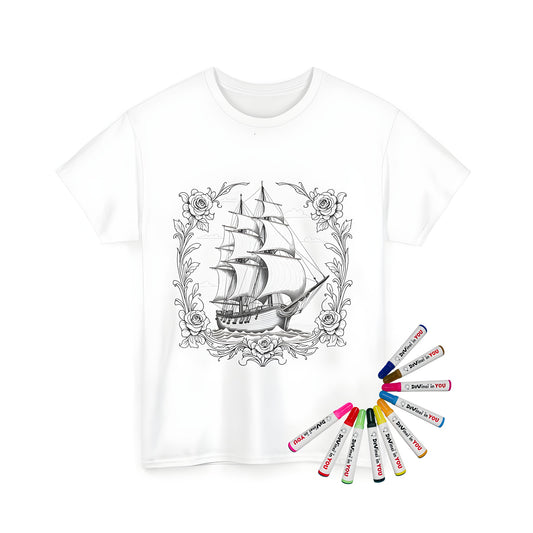 Coloring kit for unisex t-shirts featuring a sailing ship illustration, surrounded by waves, roses and foliage