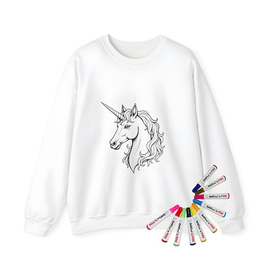 Adult sweatshirt with vibrant unicorn-inspired coloring page artwork, featuring detailed designs and intricate details of a mythical horse's head.
