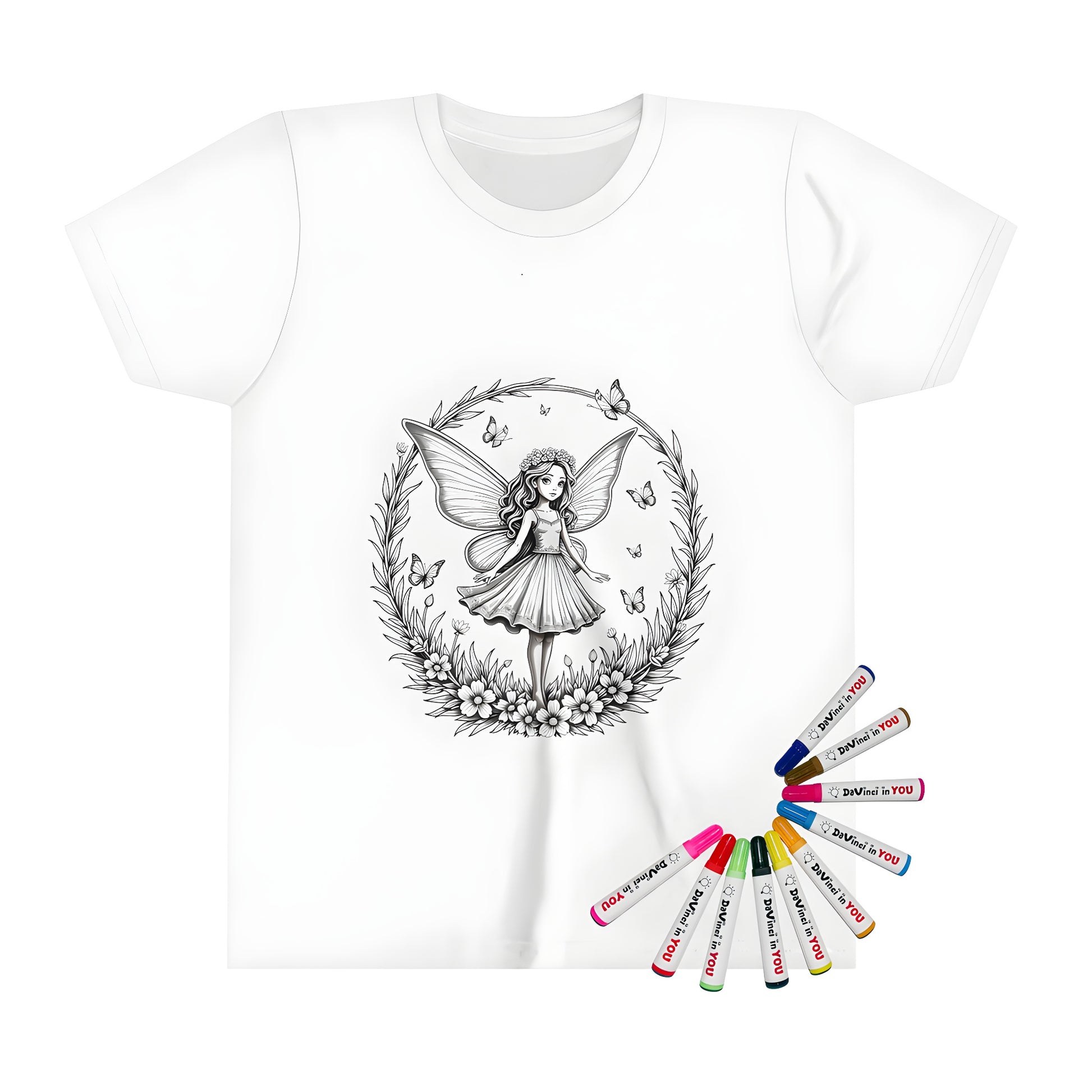 Kids' colorful t-shirt with whimsical fairy design featuring flowers, butterflies, and magical elements.