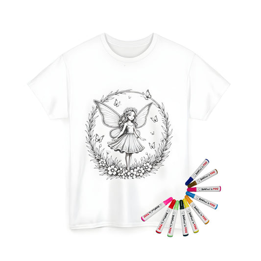 Unisex t-shirt featuring a beautiful fairy with elegant wings surrounded by flowers and butterflies in a circular design