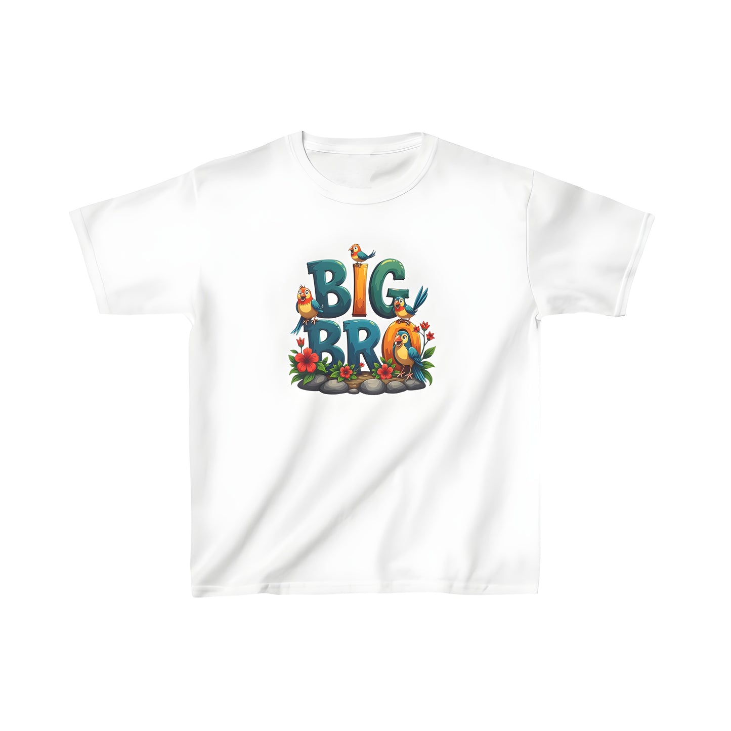 Kids t-shirt featuring colorful graphic design with big brother text, birds, and flowers