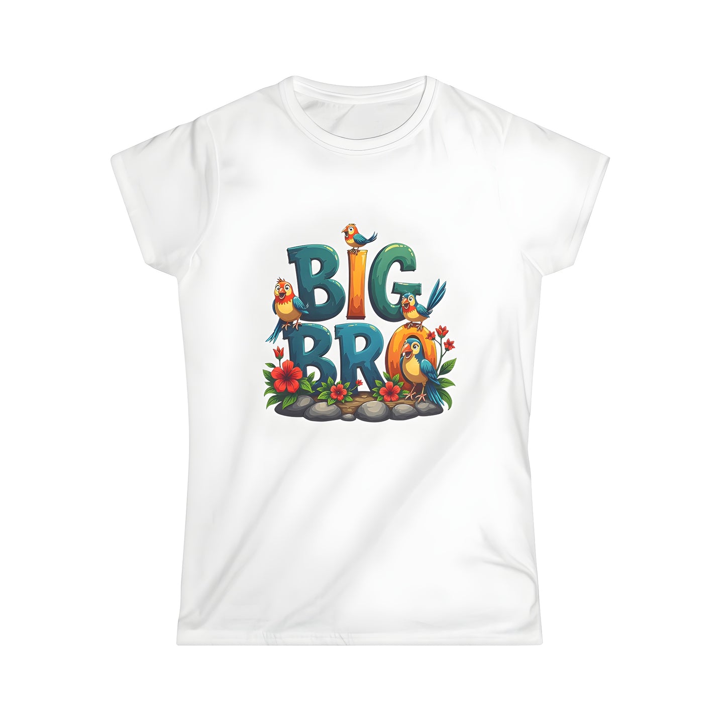 Women's graphic t-shirt with colorful illustration featuring big bro designs