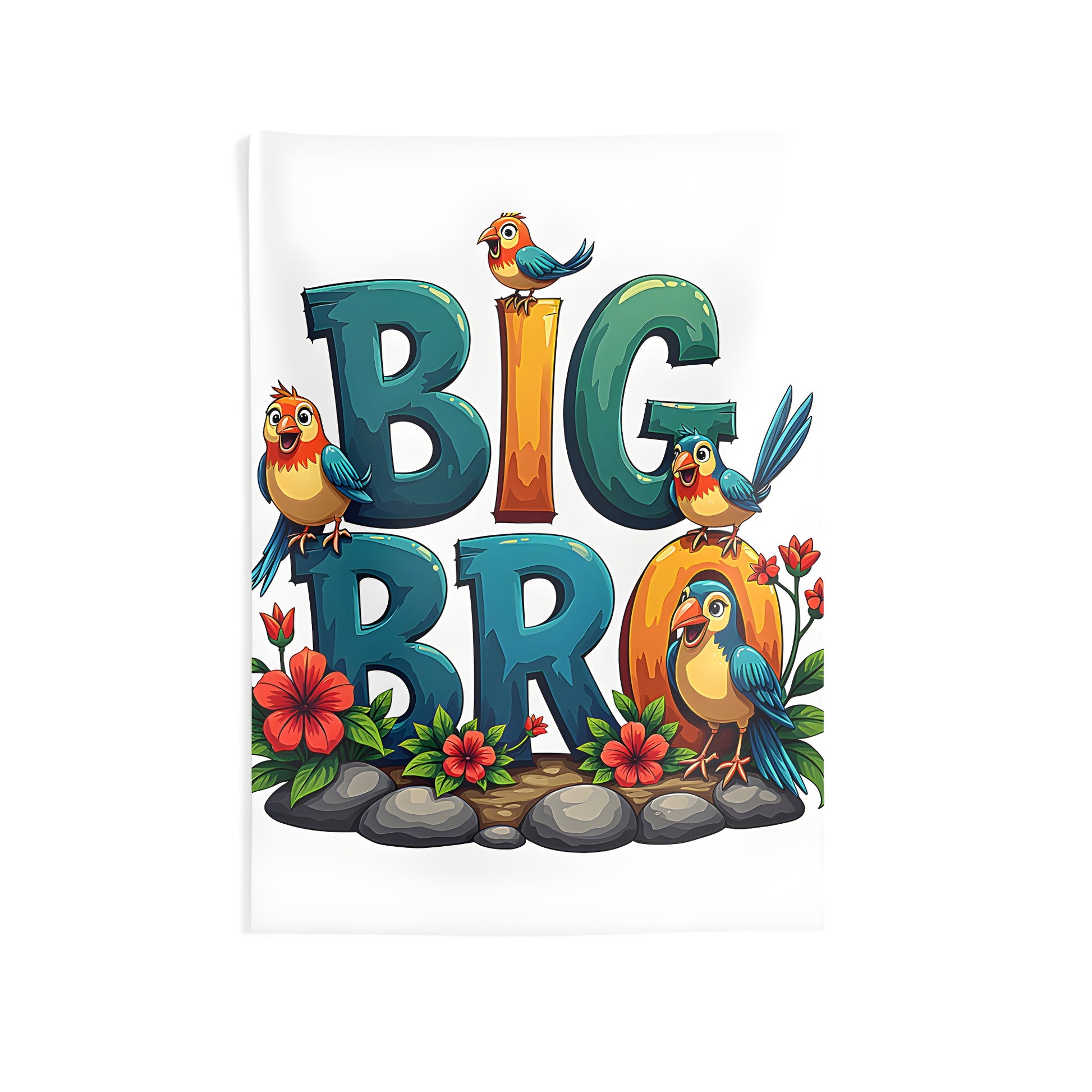 Colorful graphic brotherly love wall tapestry, playful big bro design with birds and flowers