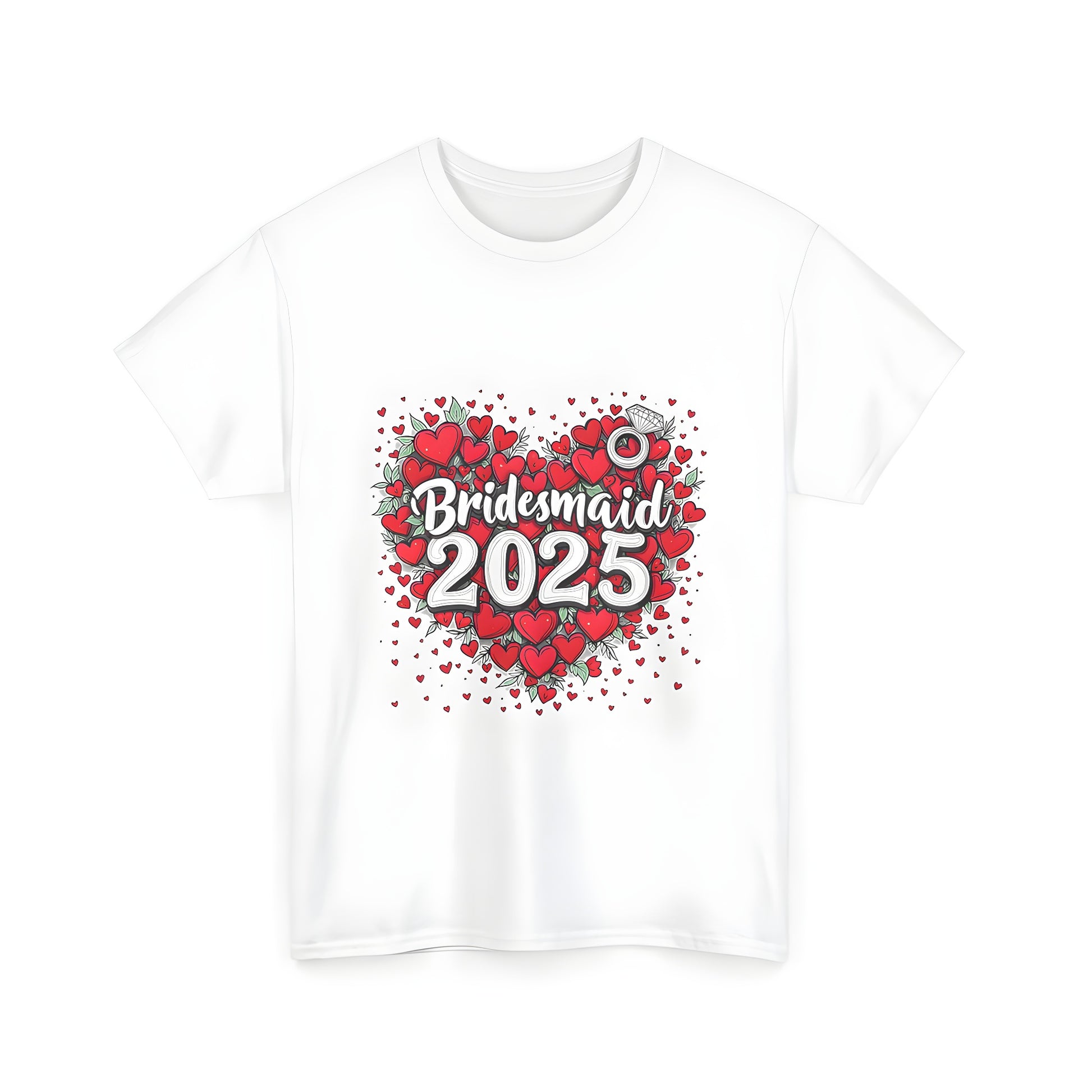 Unisex graphic t-shirt featuring colorful heart-shaped design with green leaves and 'Bridesmaid 2025' logo, diamond ring illustration on a casual T-shirt for wedding party member or maid of honor