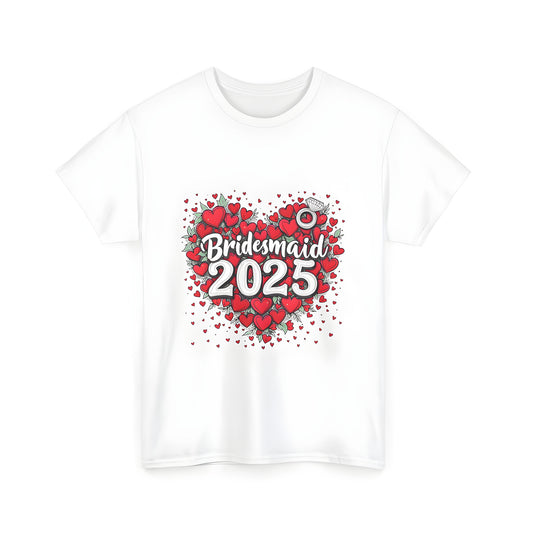 Unisex graphic t-shirt featuring colorful heart-shaped design with green leaves and 'Bridesmaid 2025' logo, diamond ring illustration on a casual T-shirt for wedding party member or maid of honor