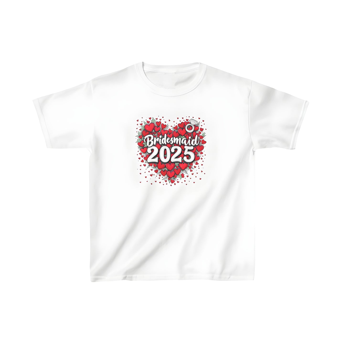 Colorful graphic t-shirt for kids with bridesmaid design featuring heart-shaped decorations and greenery