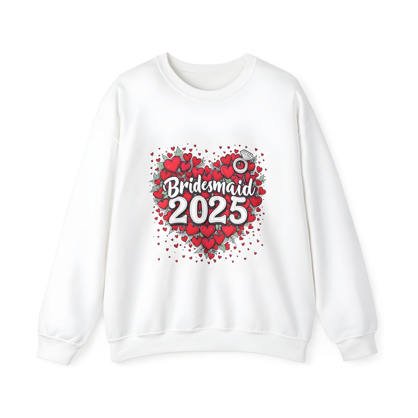 Adult bridesmaid sweatshirt with colorful graphic design featuring heart-shaped red hearts and green leaves, diamond ring illustration, and prominent 'Bridesmaid 2025' text