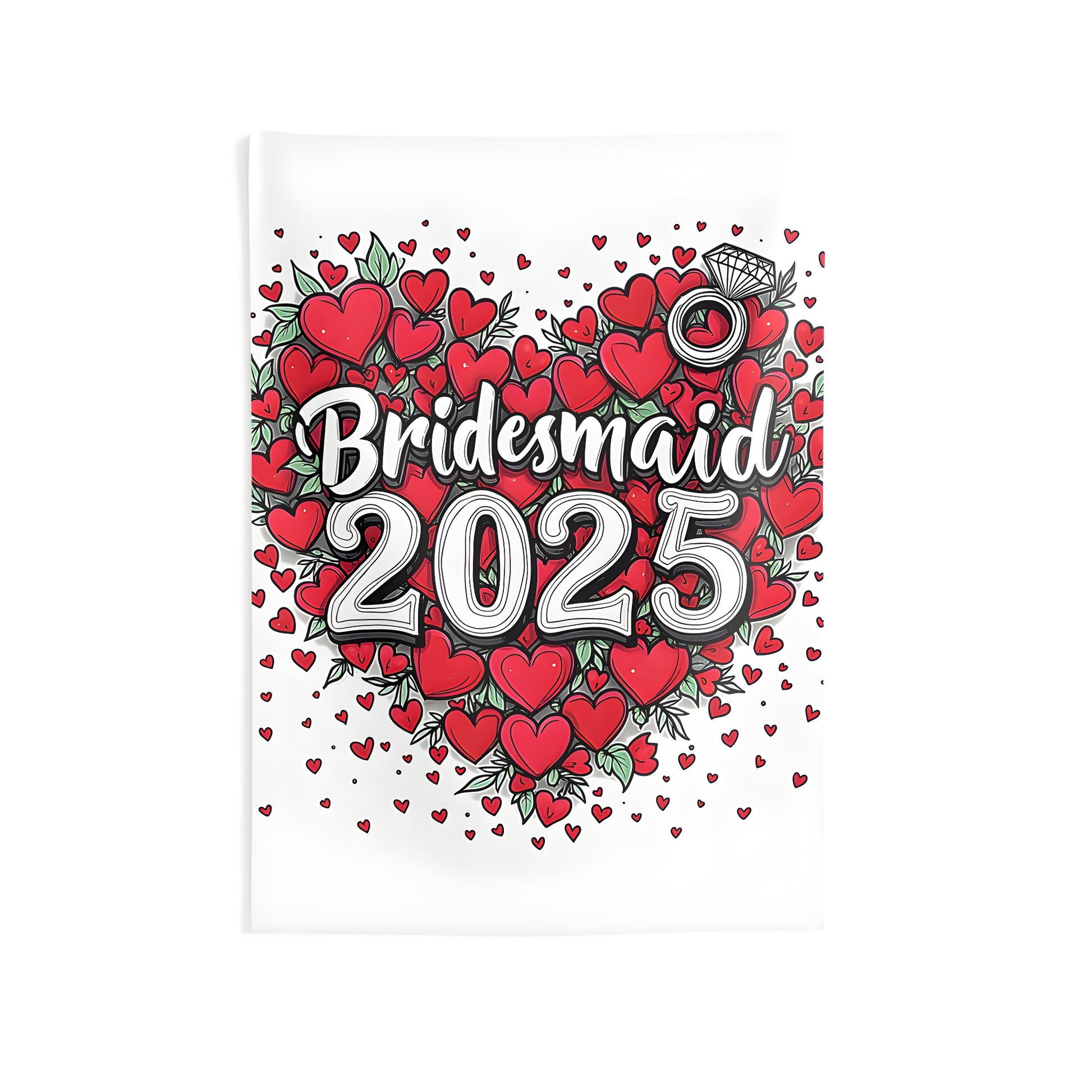 Colorful bridesmaids wedding decor, heart-shaped design wall tapestry with green leaves and diamond ring illustration