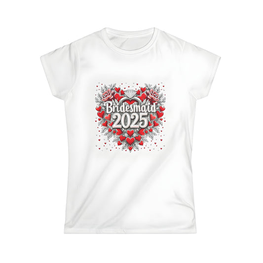 Women's colorful graphic t-shirt featuring 'Bridesmaid 2025' surrounded by red hearts and roses