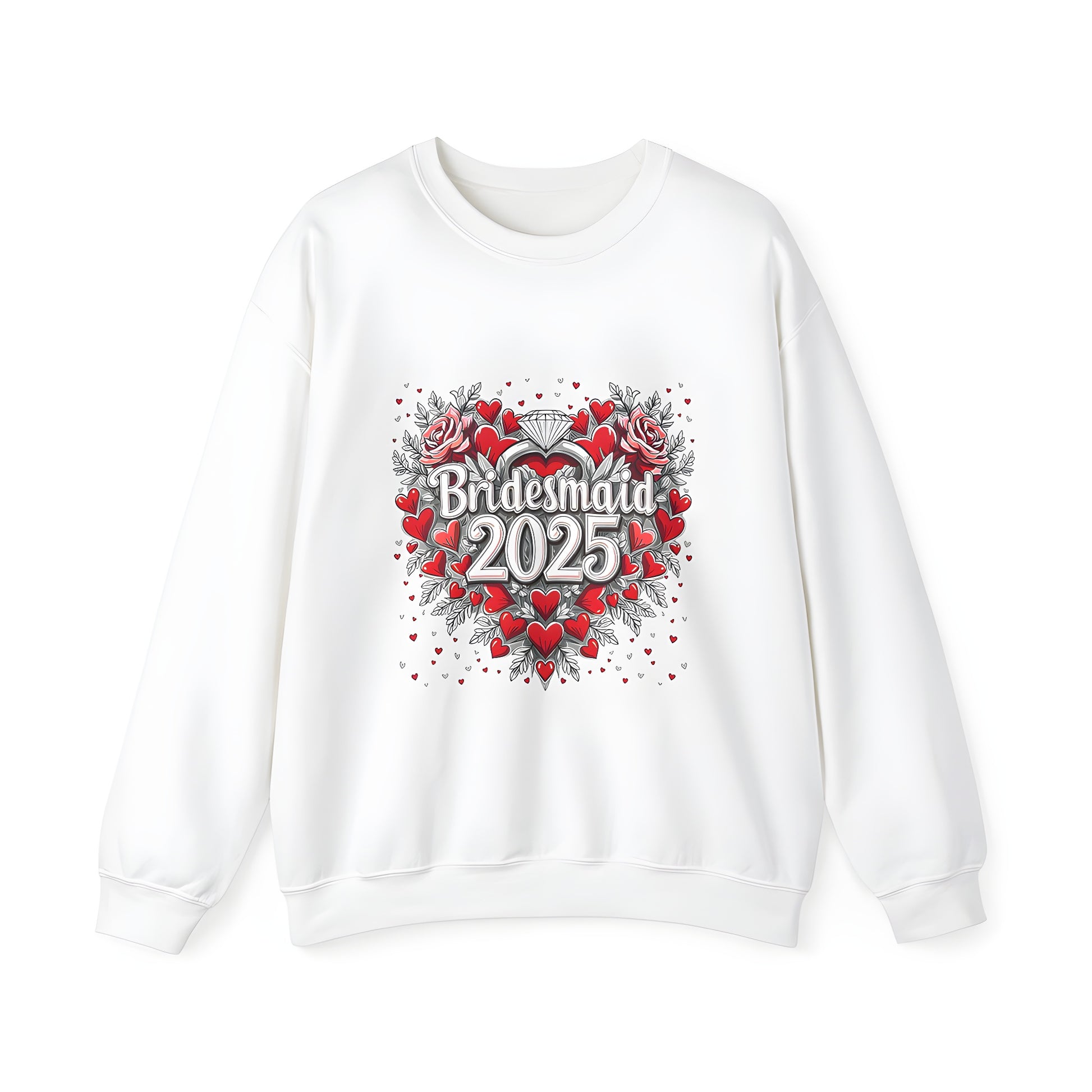 Colorful graphic bridesmaid sweatshirt for women, featuring red hearts and roses, perfect for wedding parties