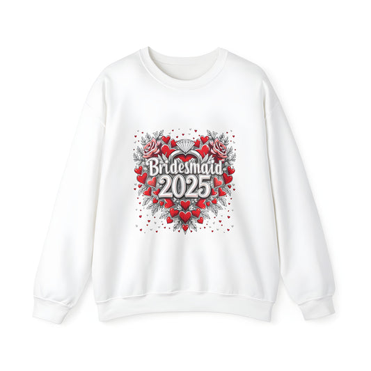 Colorful graphic bridesmaid sweatshirt for women, featuring red hearts and roses, perfect for wedding parties