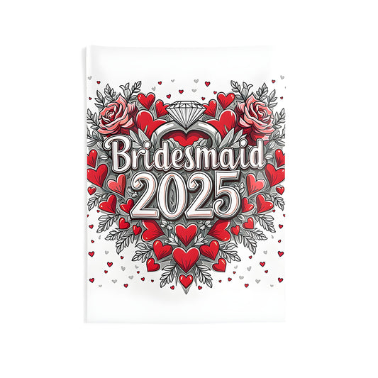 Colorful graphic wall tapestry featuring bridesmaid 2025 design with red hearts and roses