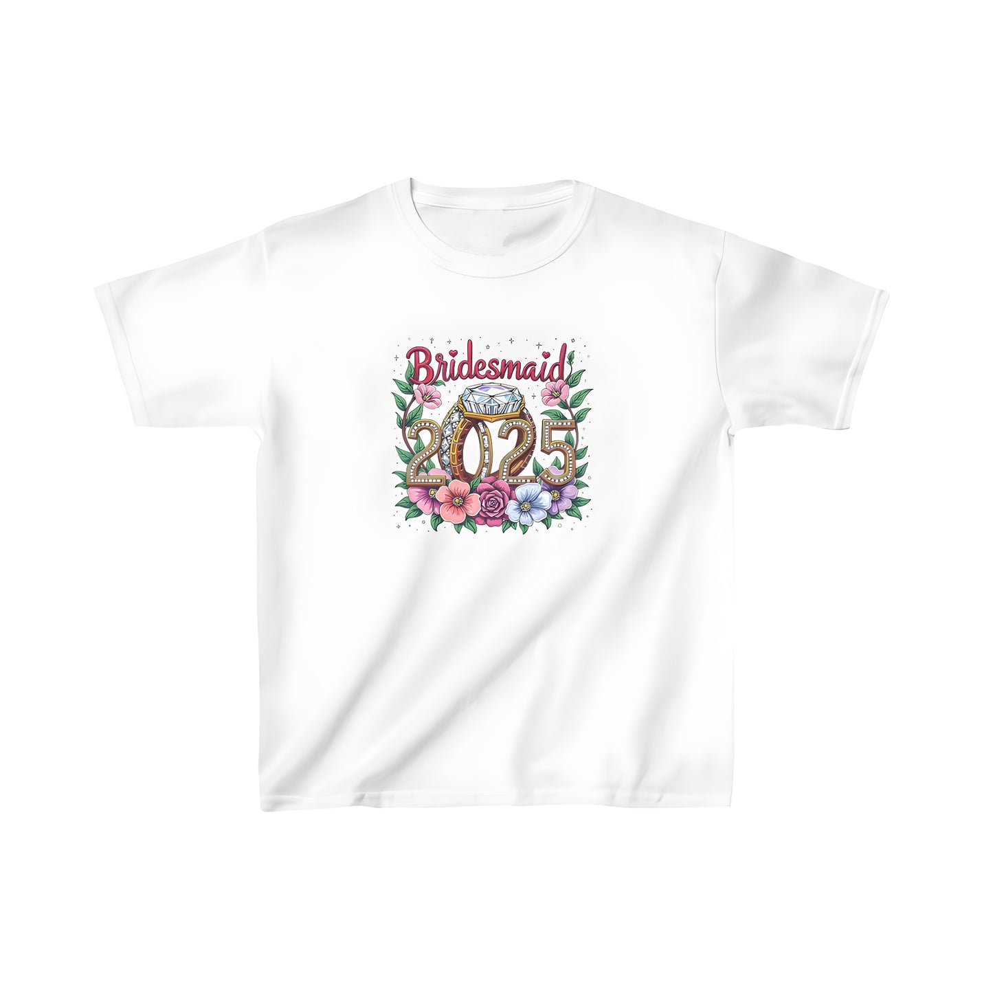 Colorful graphic t-shirt for kids featuring bride's maid dress design with diamond ring and flowers