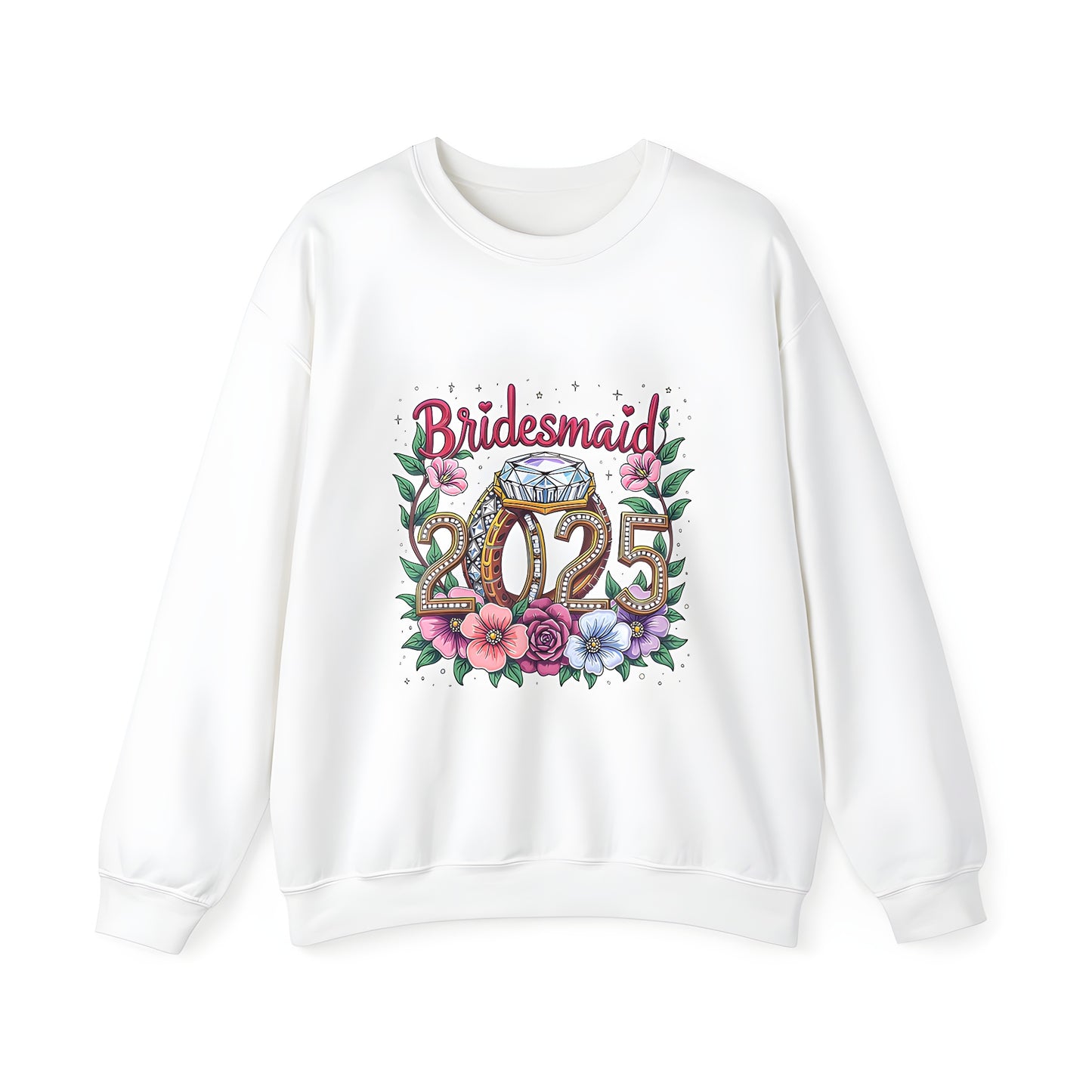 Adult sweatshirt featuring a colorful graphic design of a bridesmaid theme with a diamond ring and flowers