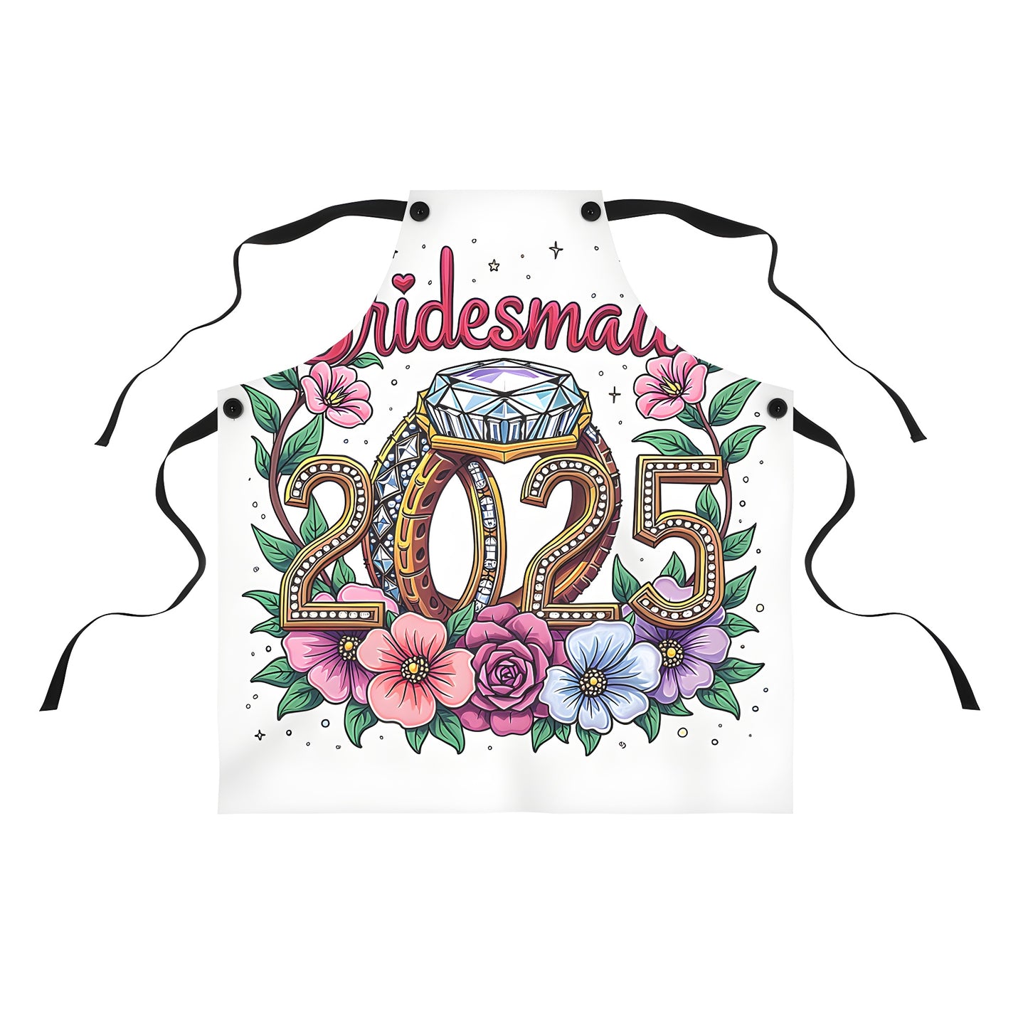 Colorful graphic bridesmaid apron design featuring diamond ring and flowers