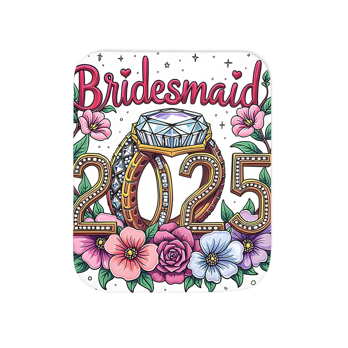 Colorful graphic design blanket with bridesmaid theme, diamond ring and flowers for a vibrant wedding gift