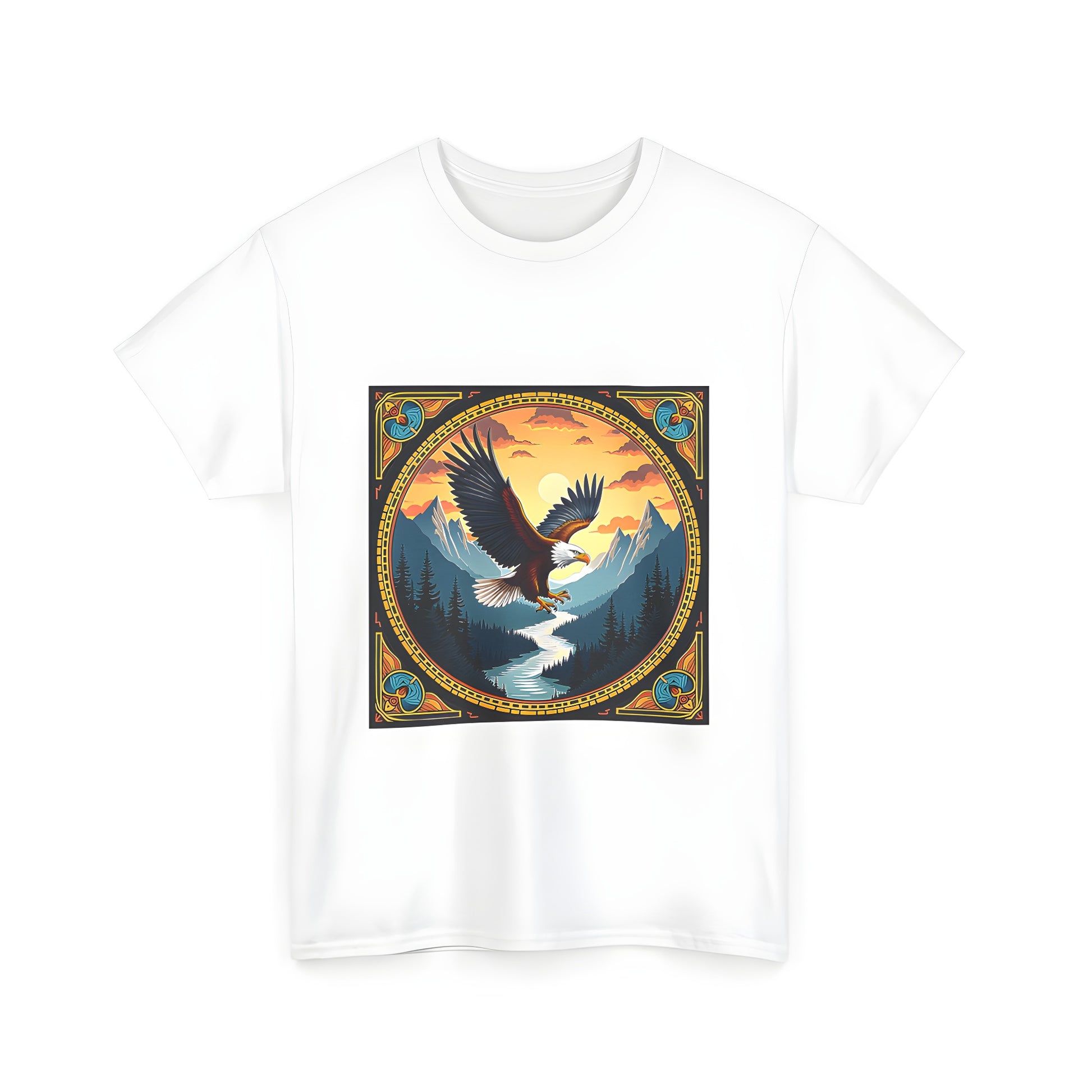 Unisex T-shirts with colorful graphic designs featuring majestic bird silhouettes soaring over serene mountain landscapes at sunset