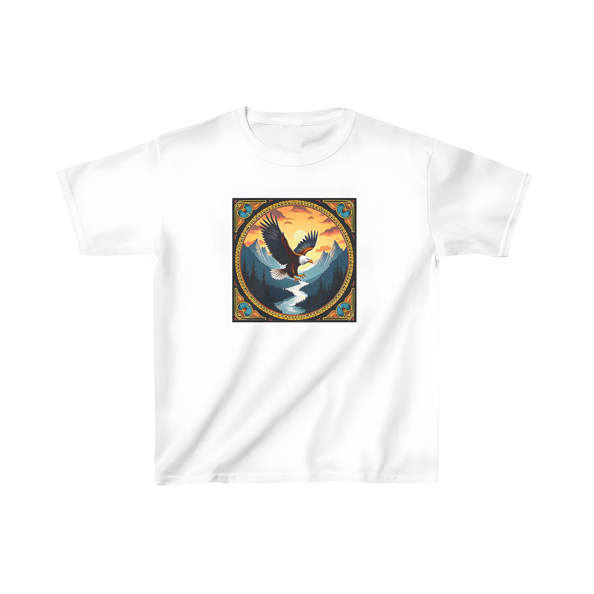 Colorful graphic t-shirt design featuring an eagle soaring over mountains at sunset